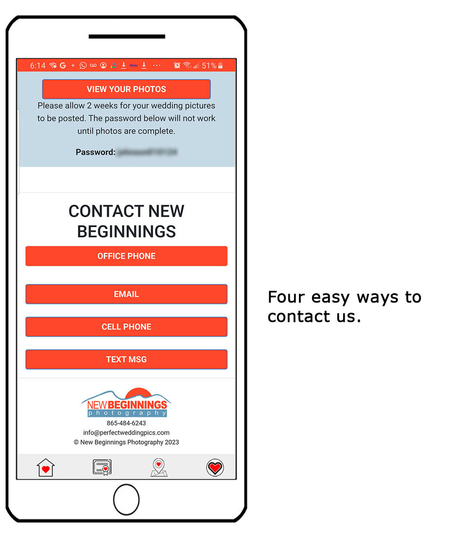 New Beginnings wedding dashboard contact screen